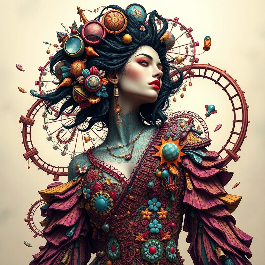 hyper detailed surreal image of a female figure wearing clothing that is made out of carnival architecture elements whic...
