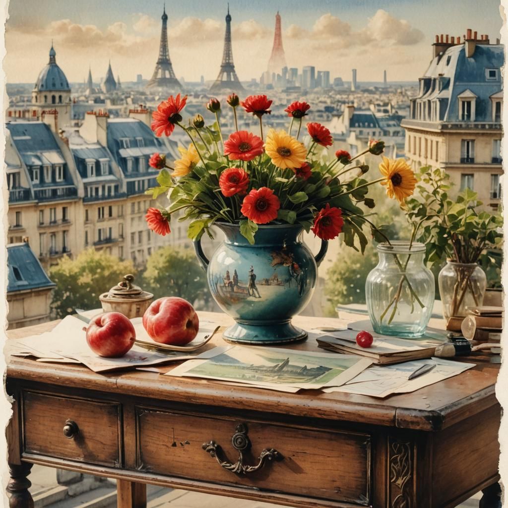 Paris Skyline Postcard on Antique Desk in Watercolor Style