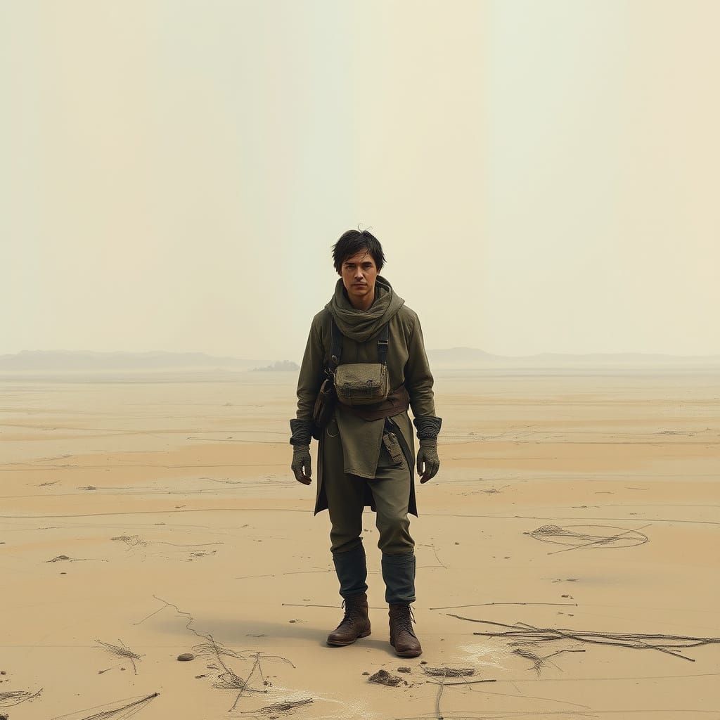 Mysterious Wanderer in a Haunting Desert Landscape