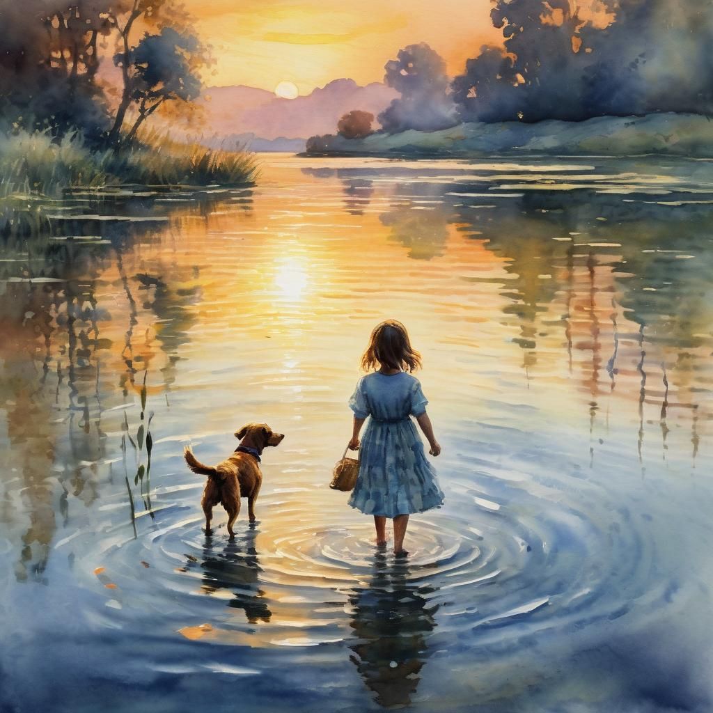Girl and Dog at Lake, Impressionistic Watercolor
