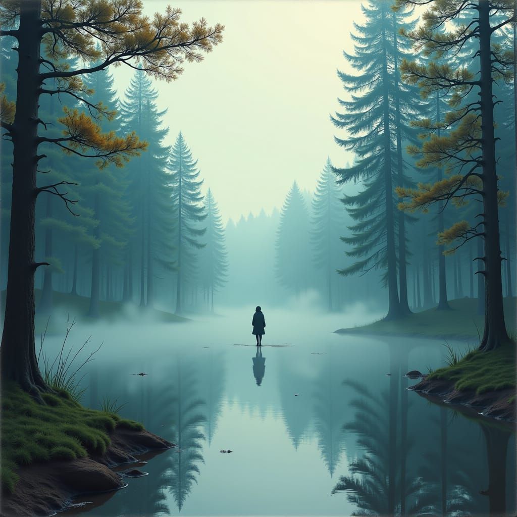 Lone Figure by Lake in Vibrant Digital Art Style