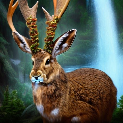 Hyperrealistic Jackalope by Waterfall