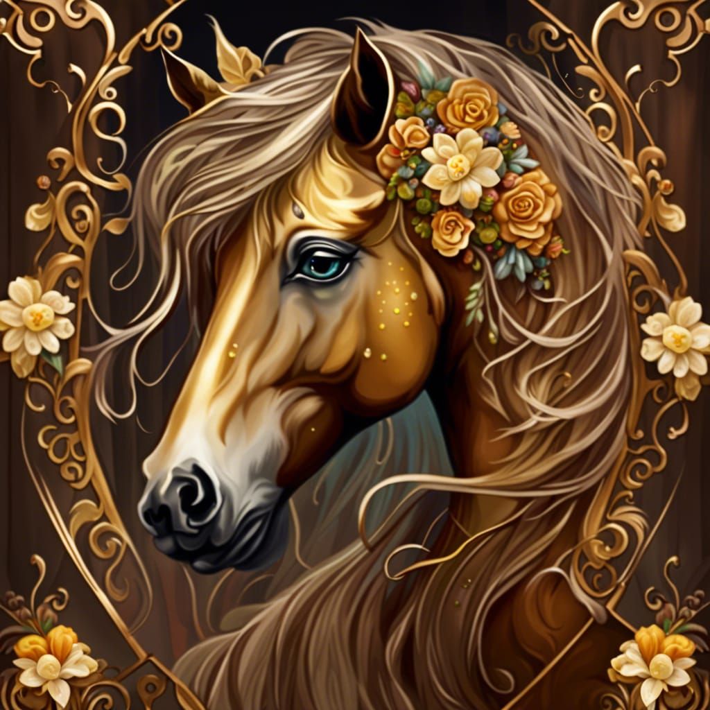 Brindle Carousel Horse with Floral Mane