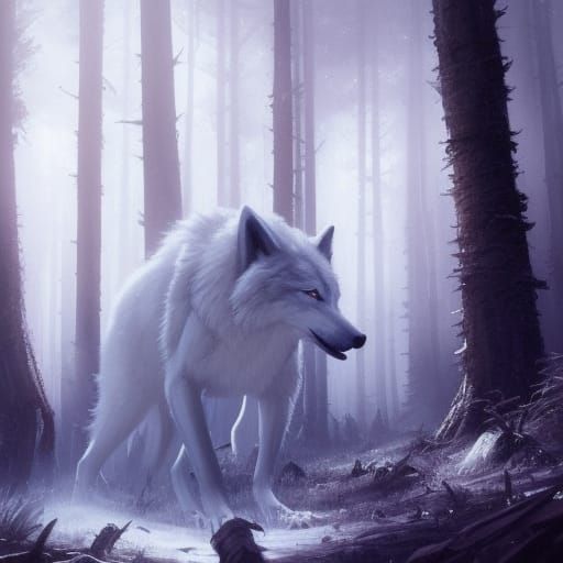 White Wolf in Dark Forest: Hyperdetailed Fantasy Art