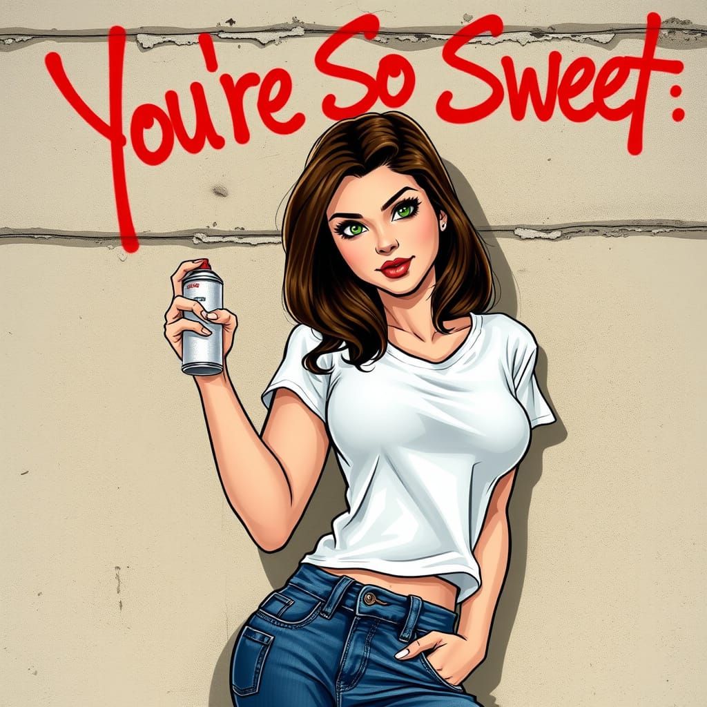 Seductive Pin-Up Girl Spray Paints Graffiti in the City