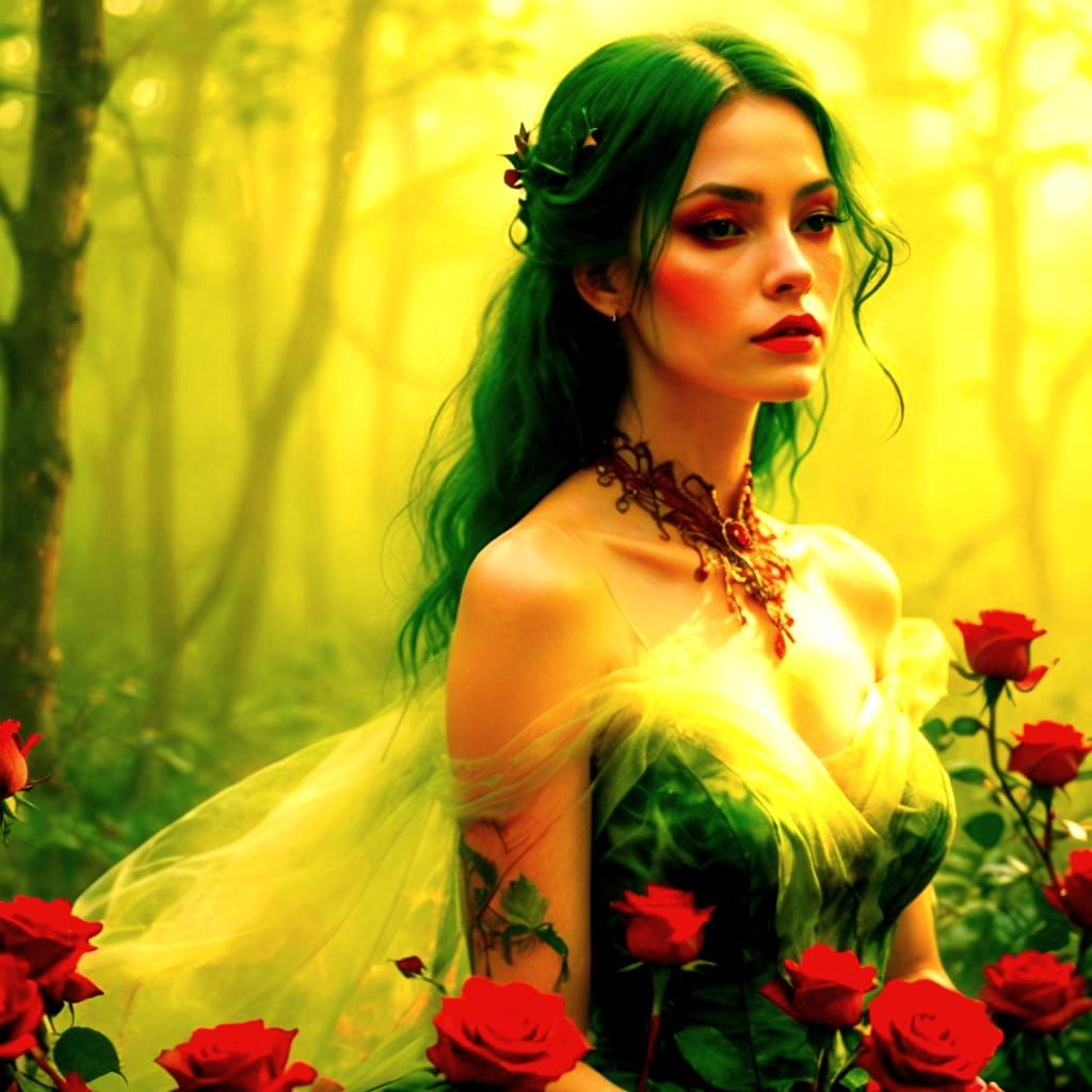 Mysterious Woman with Rose in Misty Forest