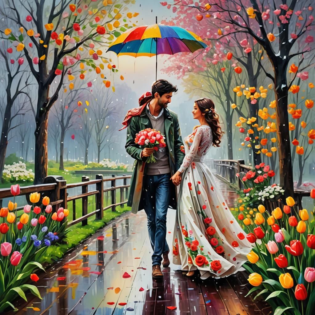 Romantic Couple Painting Together in Snowy Landscape