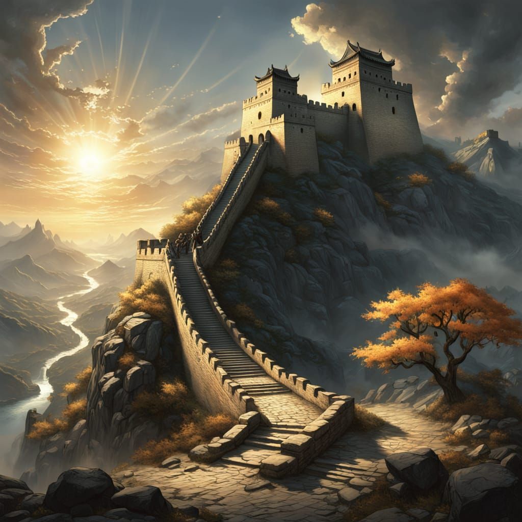 Great Wall with Dragons Under Golden Sky