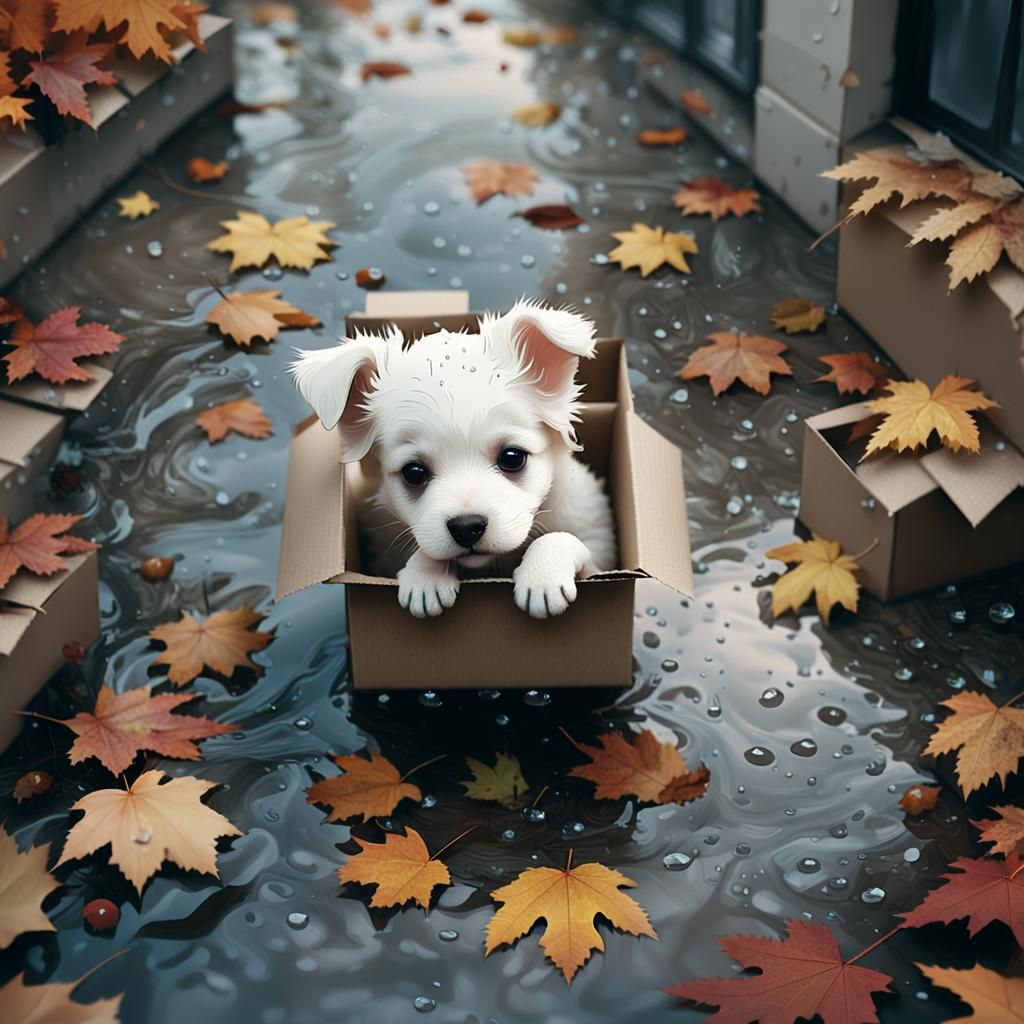 Tiny White Puppy in Rainy Cityscape