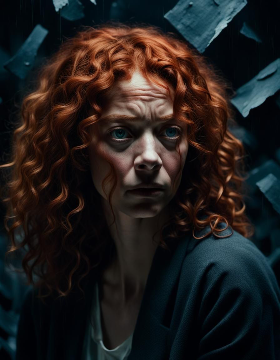 Woman Overwhelmed by Abstract Shapes: A Cinematic Still