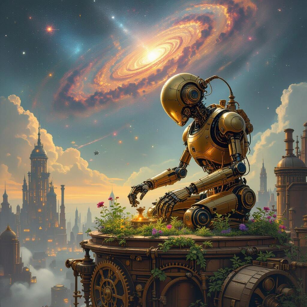 Automaton Tends Garden in Ornate Clockwork City