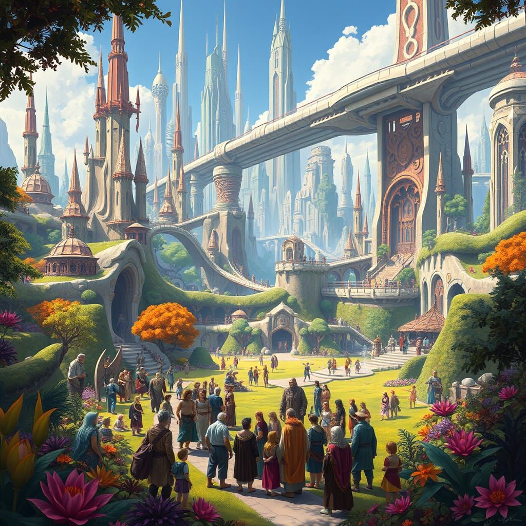 Harmonious Futuristic City Unites Humans, Dwarves, and Giant...