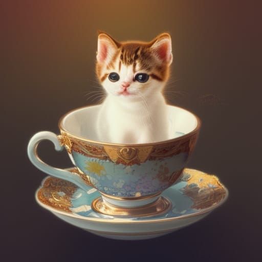 Kitten Portrait in Teacup, Hyperdetailed Digital Art