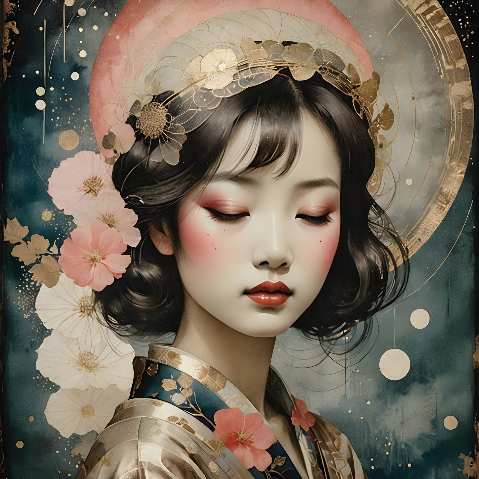 Surreal Portrait in Vintage Japanese Watercolor Style with I...