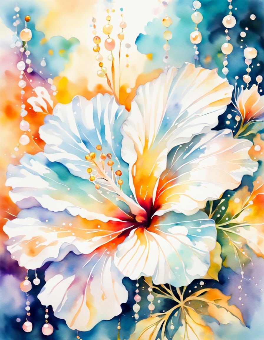 Iridescent Hibiscus: Watercolor Splash Art with Crystals