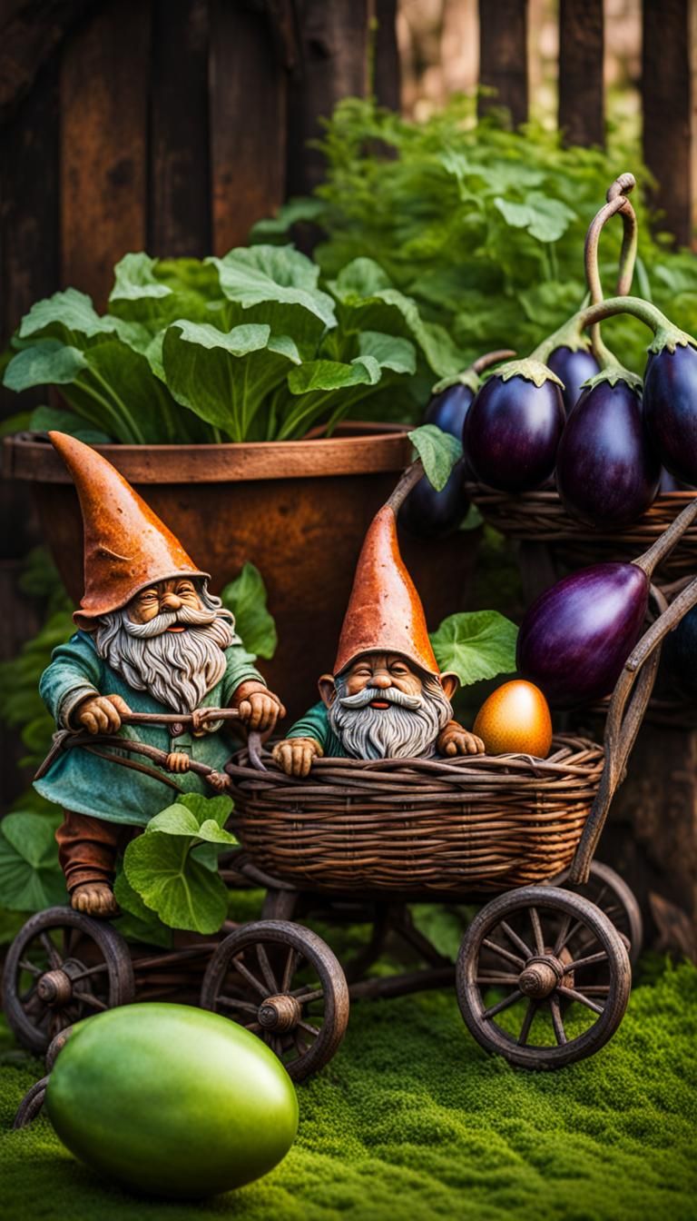 Hyperrealistic Metal Gnomes in a Verdant Garden