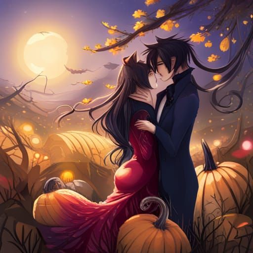 Anime Couple Kissing in Pumpkin Patch