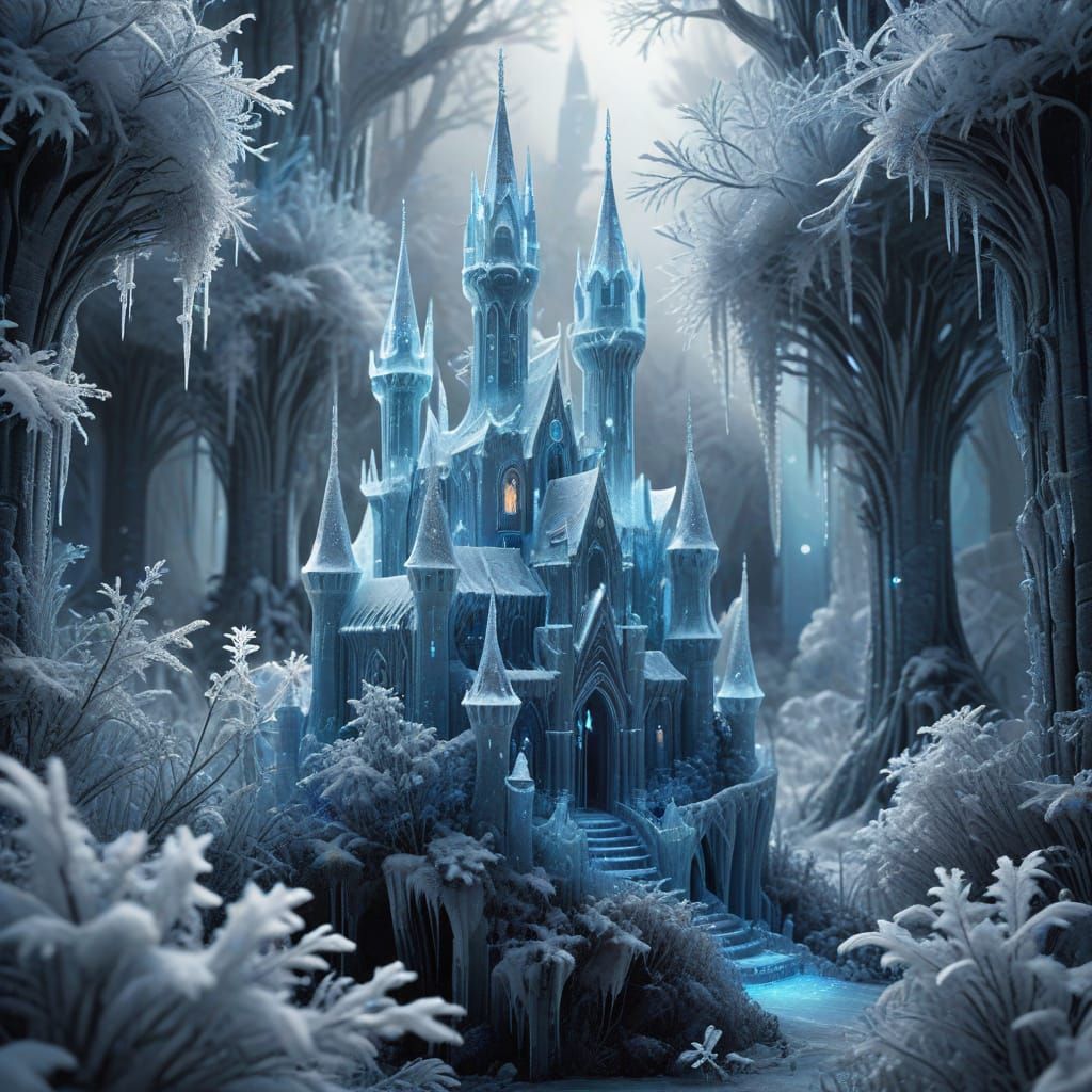 Enchanting Winter Forest with Ice Castles in Art Nouveau Sty...