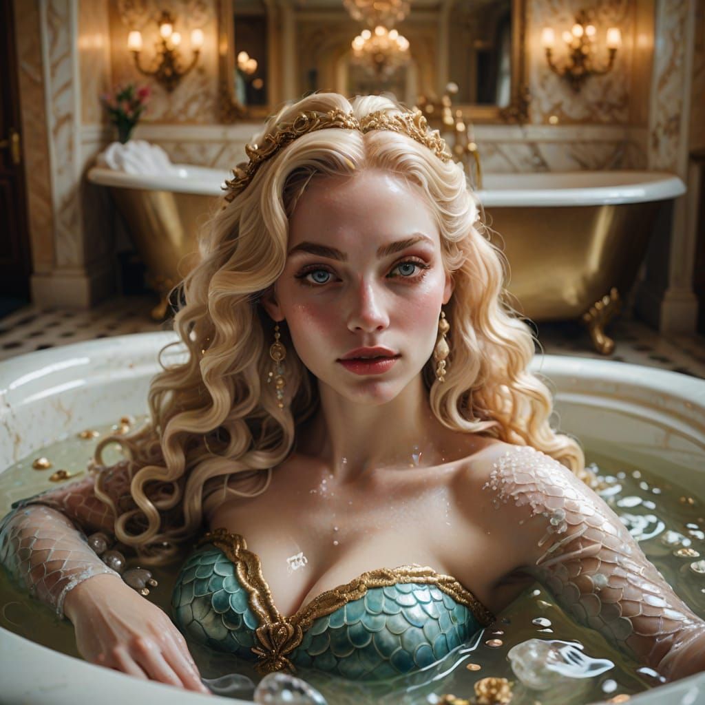 Baroque Mermaid in Bathtub with Shimmering Scales