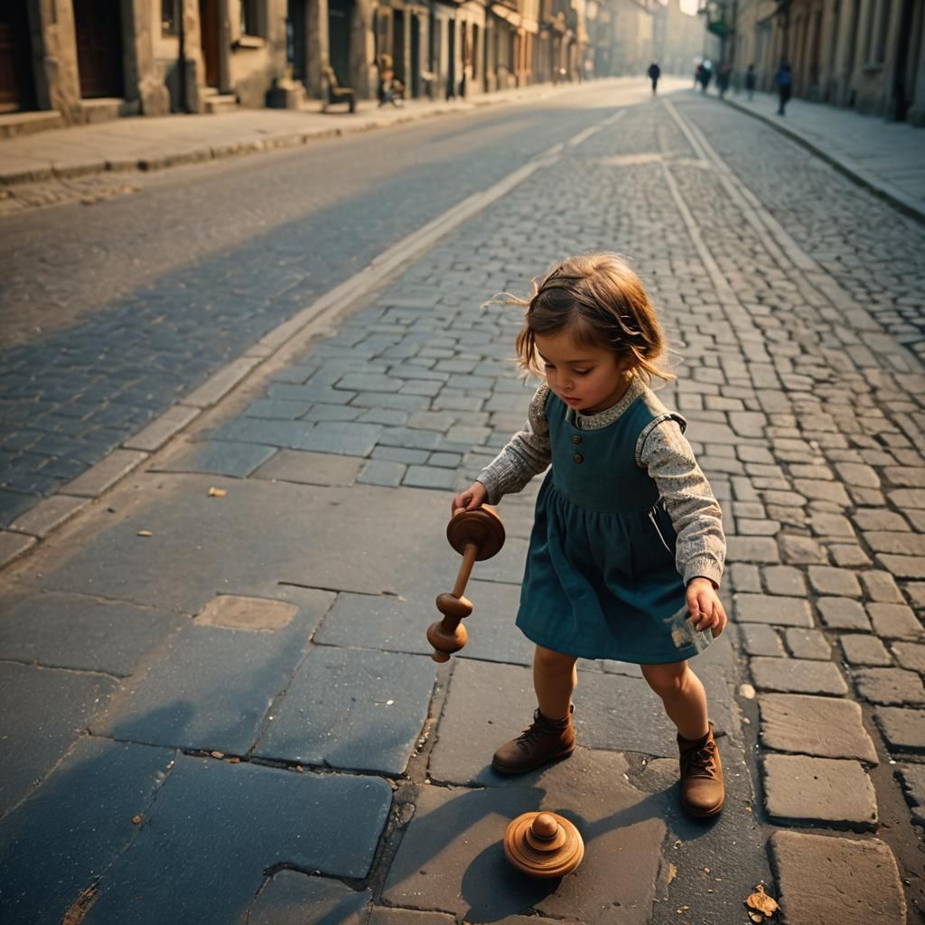 Girl Playing Top on Old European Street