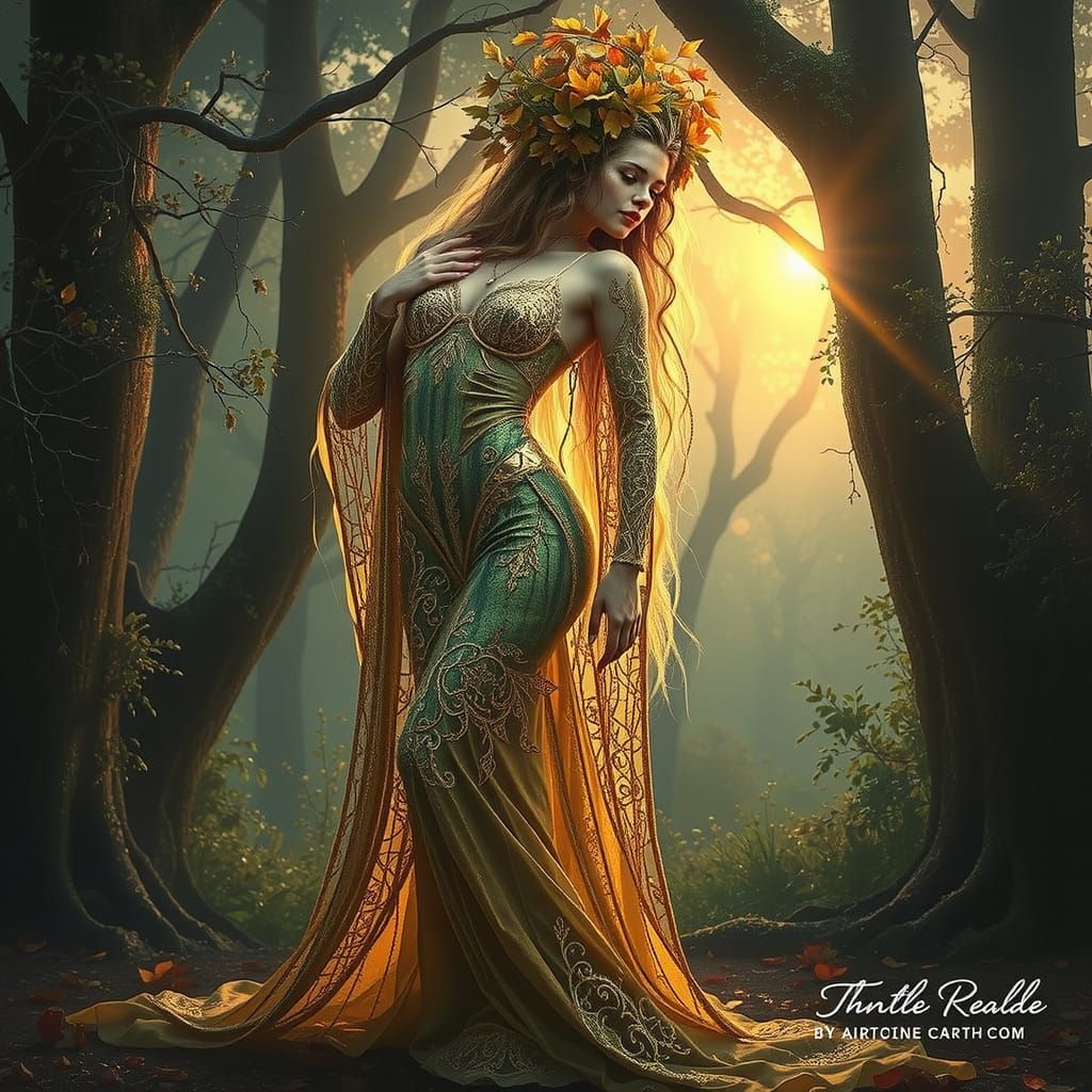 Golden Dryad with Autumn Leaves in Magical Realism Style