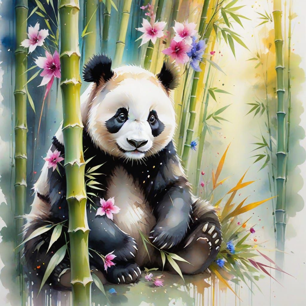 Surreal Panda Roams Vibrant Bamboo Forest