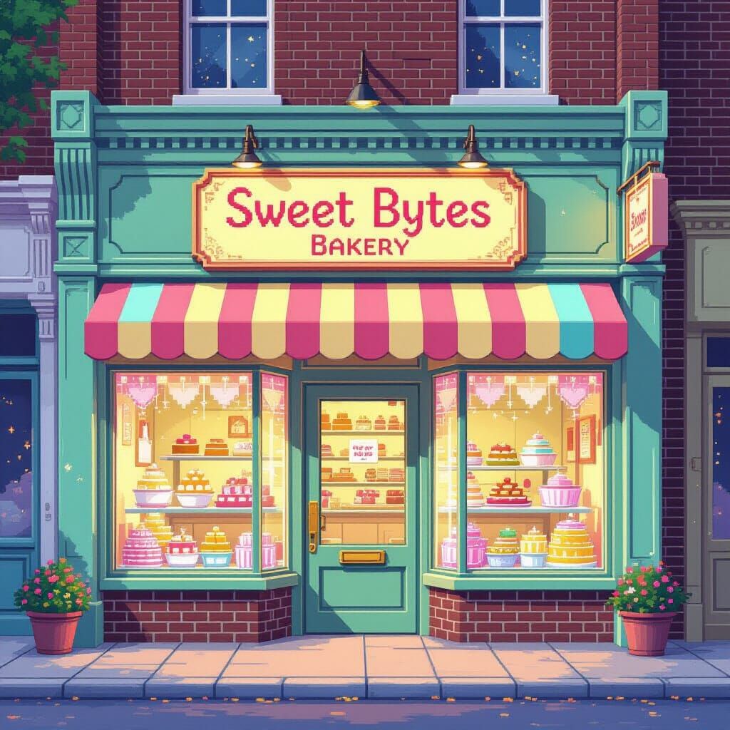 Whimsical Building Block Bakery in Retro Video Game Style