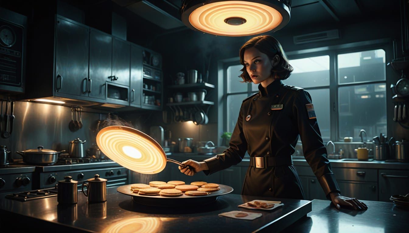 Agent Flips Pancakes Amidst UFO Invasion in Noir Style