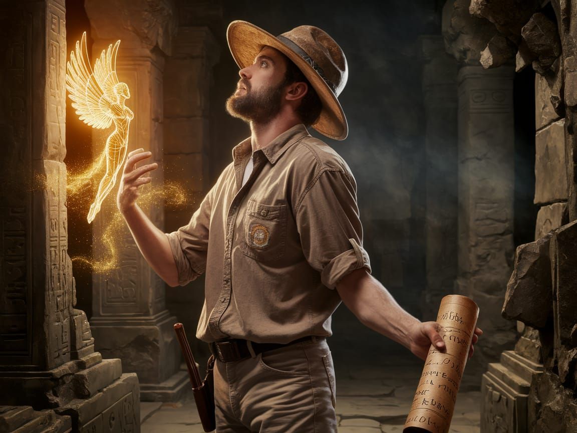 Explorer Unfurls Scroll Revealing Golden Energy Being