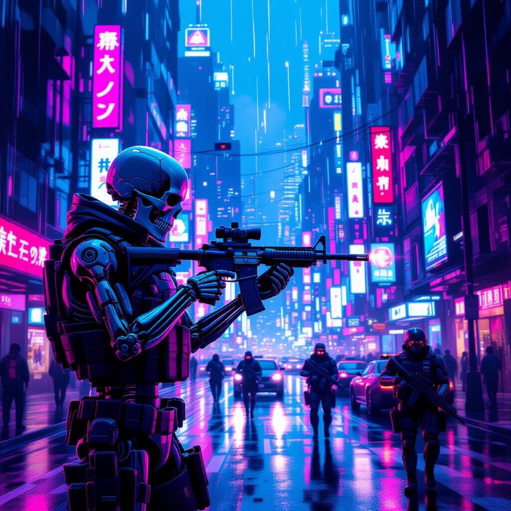 Skeletal Figure in Neon Cyberpunk Cityscape