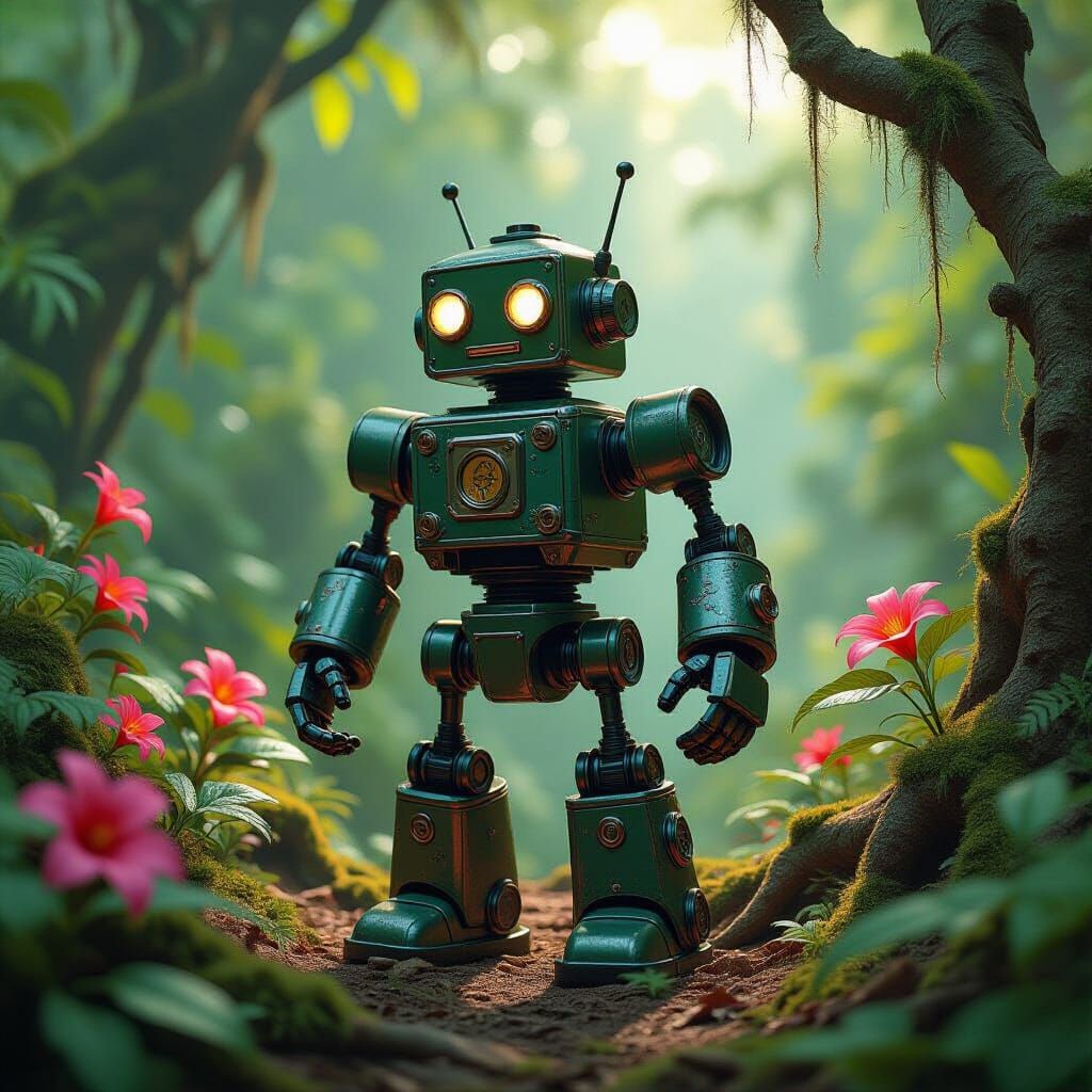 Vintage Tin Robot in Overgrown Jungle, Airbrush Art