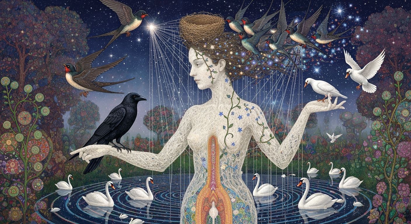 Ethereal Woman Dissolving into Birds Amidst Cosmic Energy