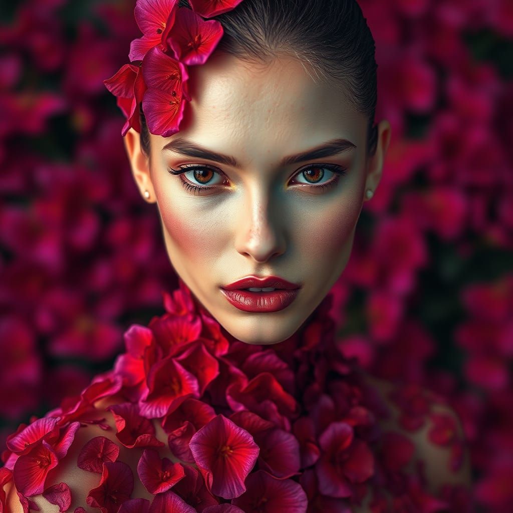 Ethereal Fantasy Woman with Flower Petal Skin in Dreamy Aest...