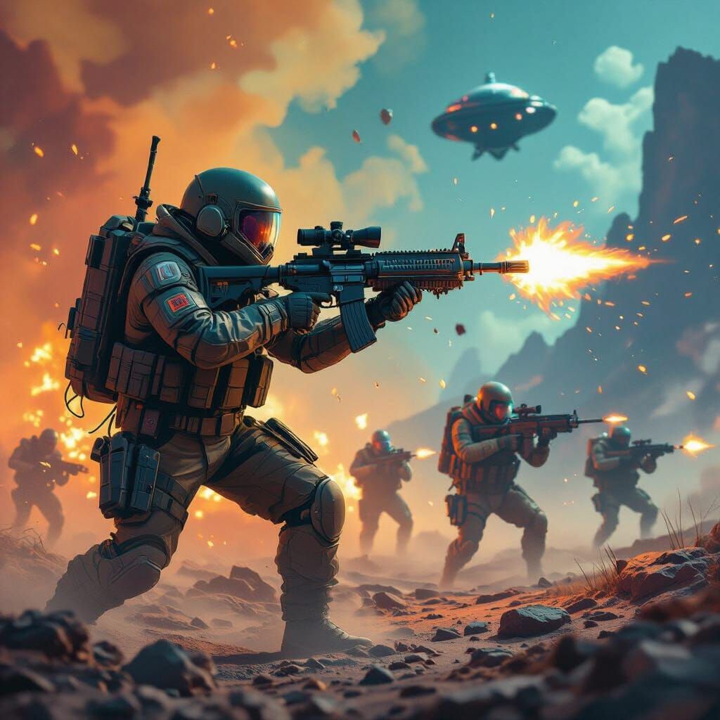 Soldier Fighting Aliens in Detailed Matte Painting