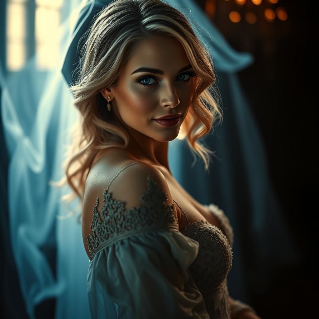 Elegantly Gowned Woman with Ghostly Figure