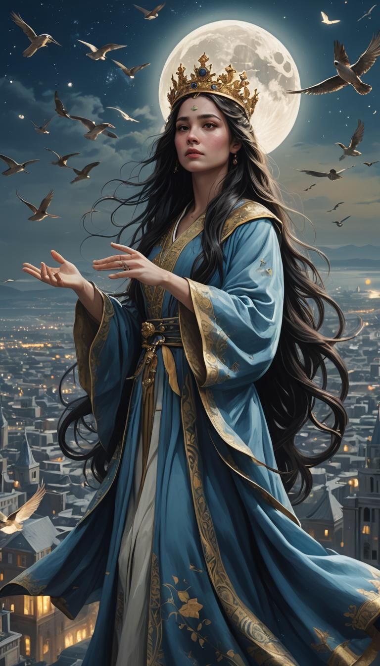 Crowned Woman Holds Moon Above City: Digital Art