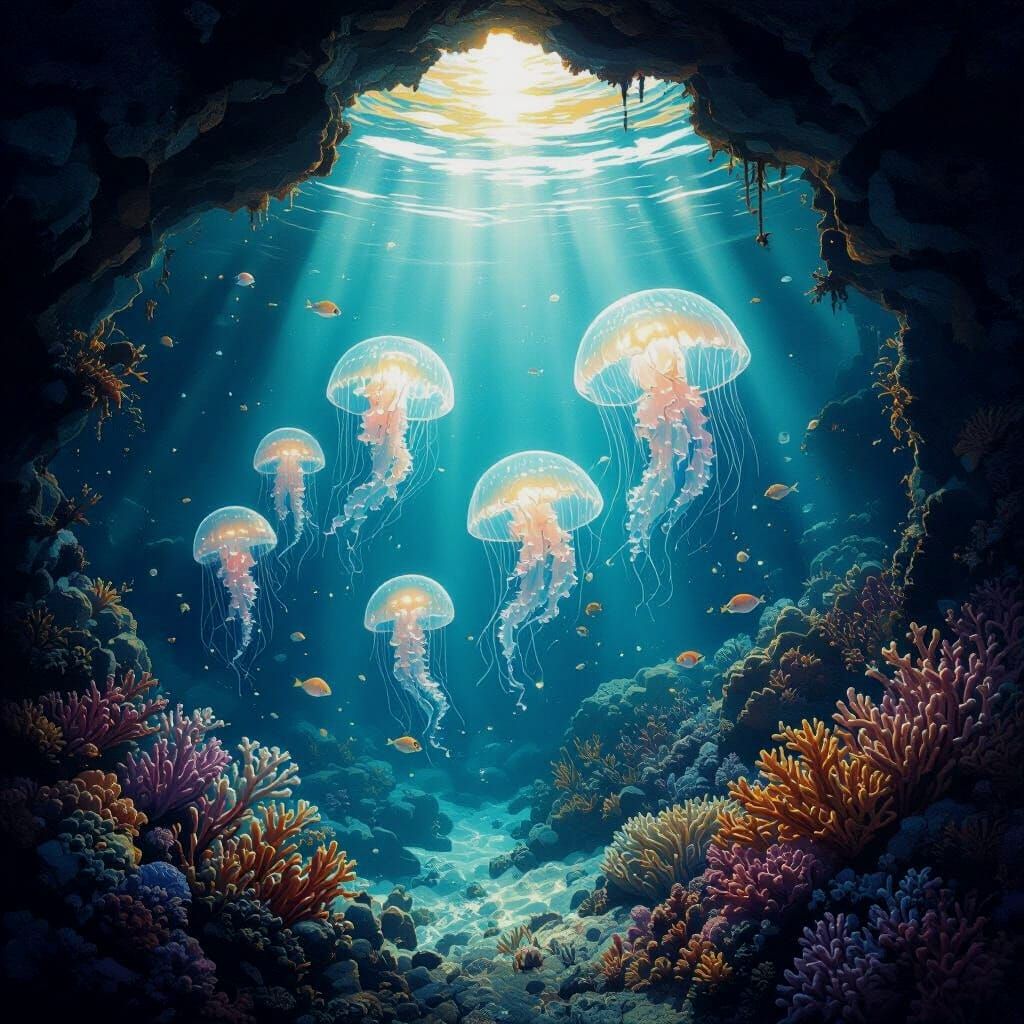 Bioluminescent Jellyfish in Underwater Grotto, Painterly Sty...