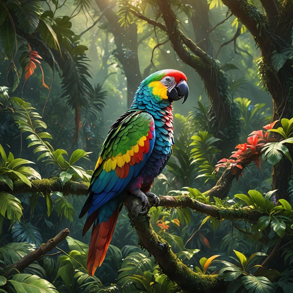 Rainbow Parrot in Lush Fantasy Art Nouveau
