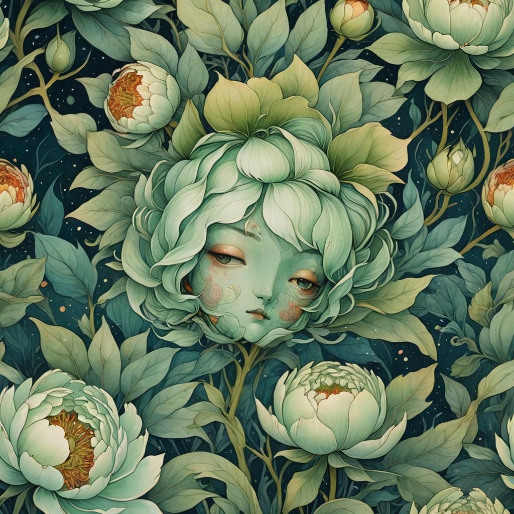 Ethereal Green Peony Woman: a Watercolor Collage