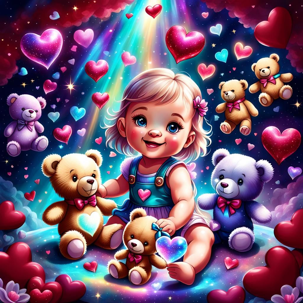 Baby Girl Playing with Teddy Bears: Cosmic Illustration
