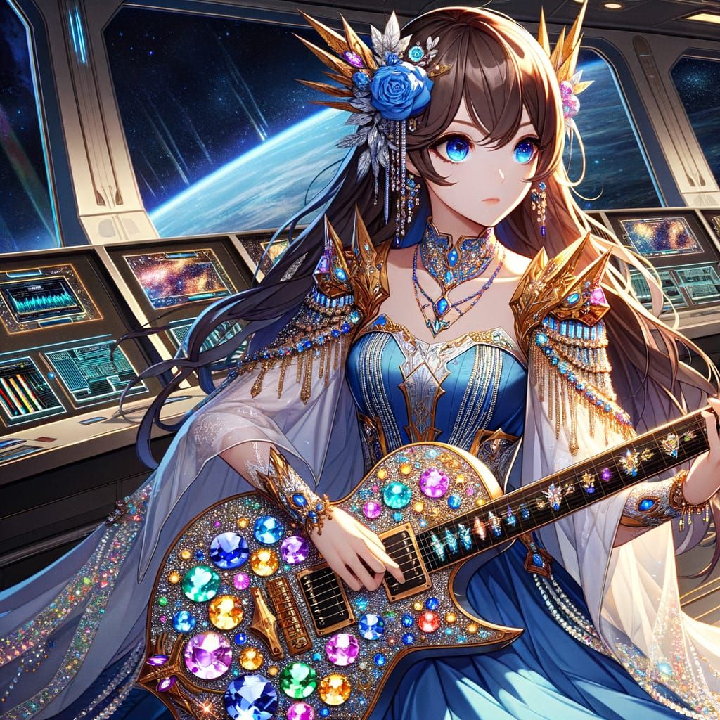 Anime Woman in Celestial Armor Plays Guitar