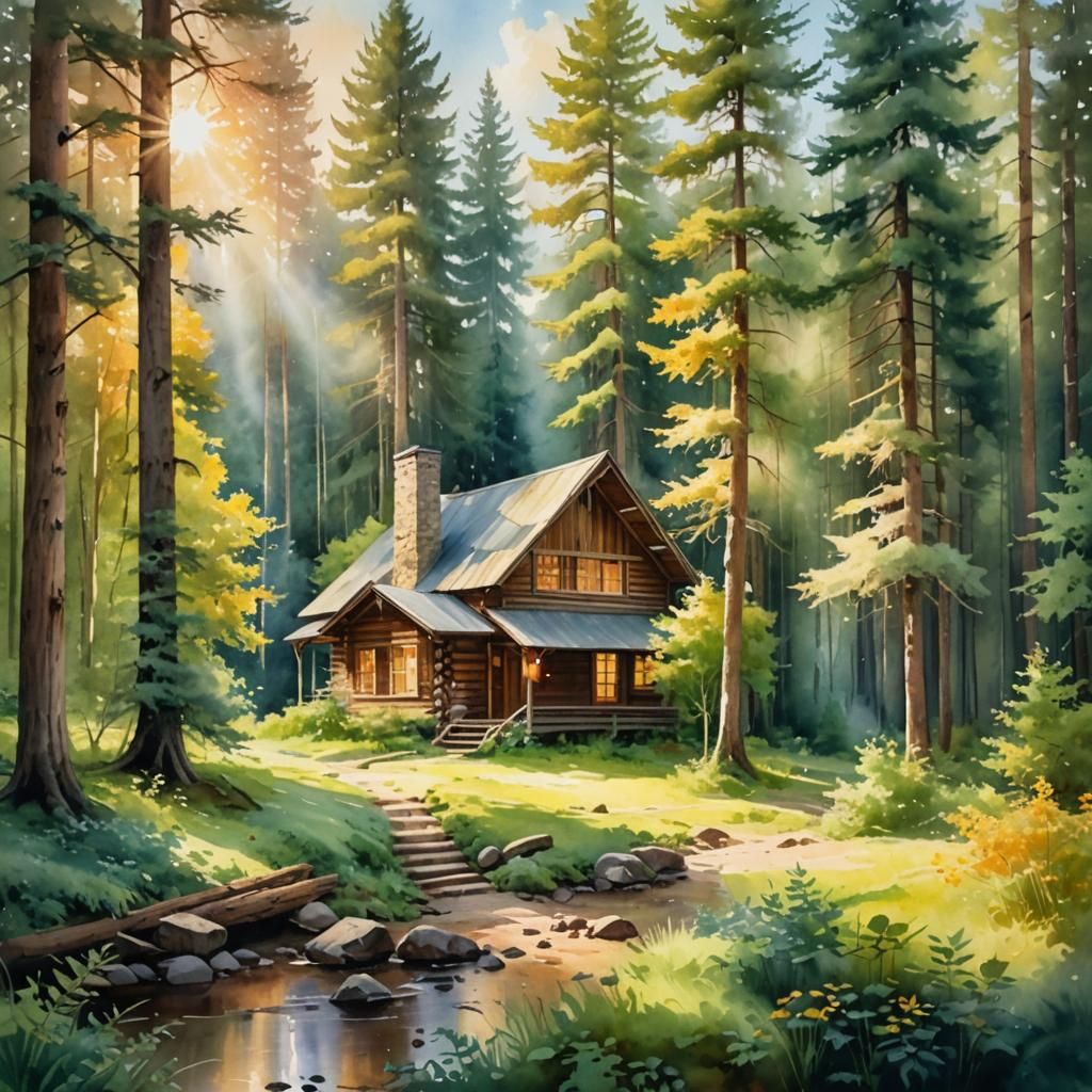 Dreamy Cabin in Woods: Watercolor Painting