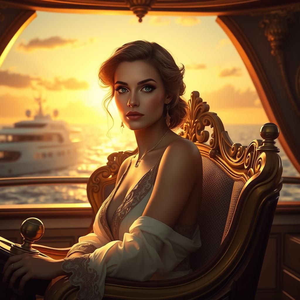 Elegant Woman on Yacht in Art Nouveau Style