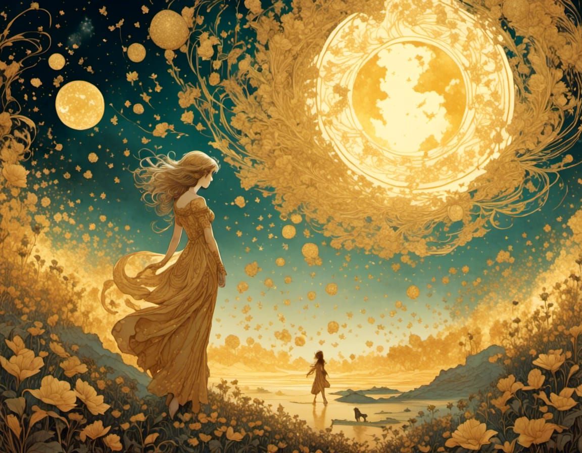 Lyra and Daemon Walking into the Sky in Golden Print