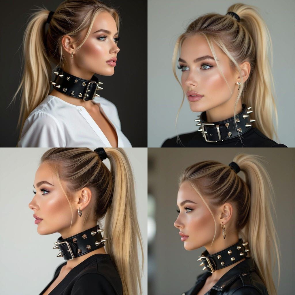 Blonde Woman with High Ponytail and Spiked Collar
