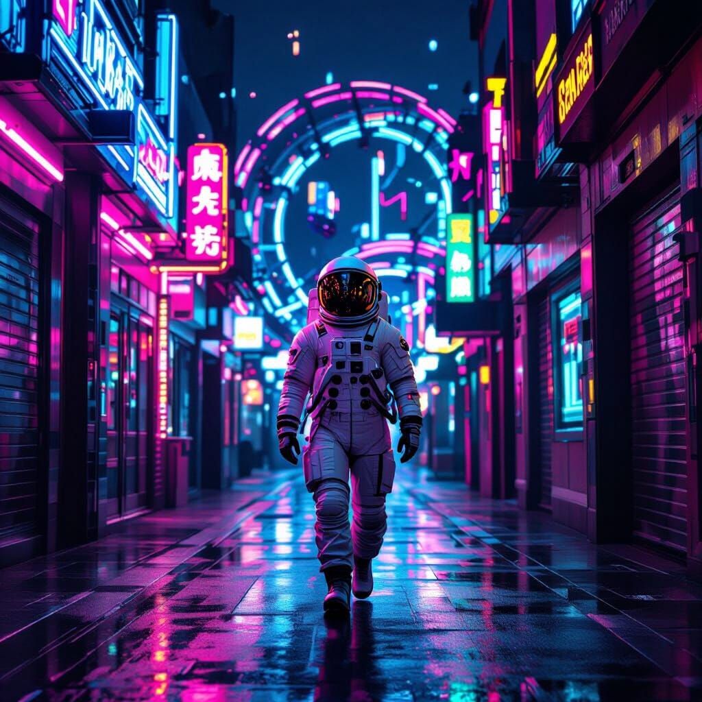 Astronaut on Neon Roller Coaster in Dystopian Alley