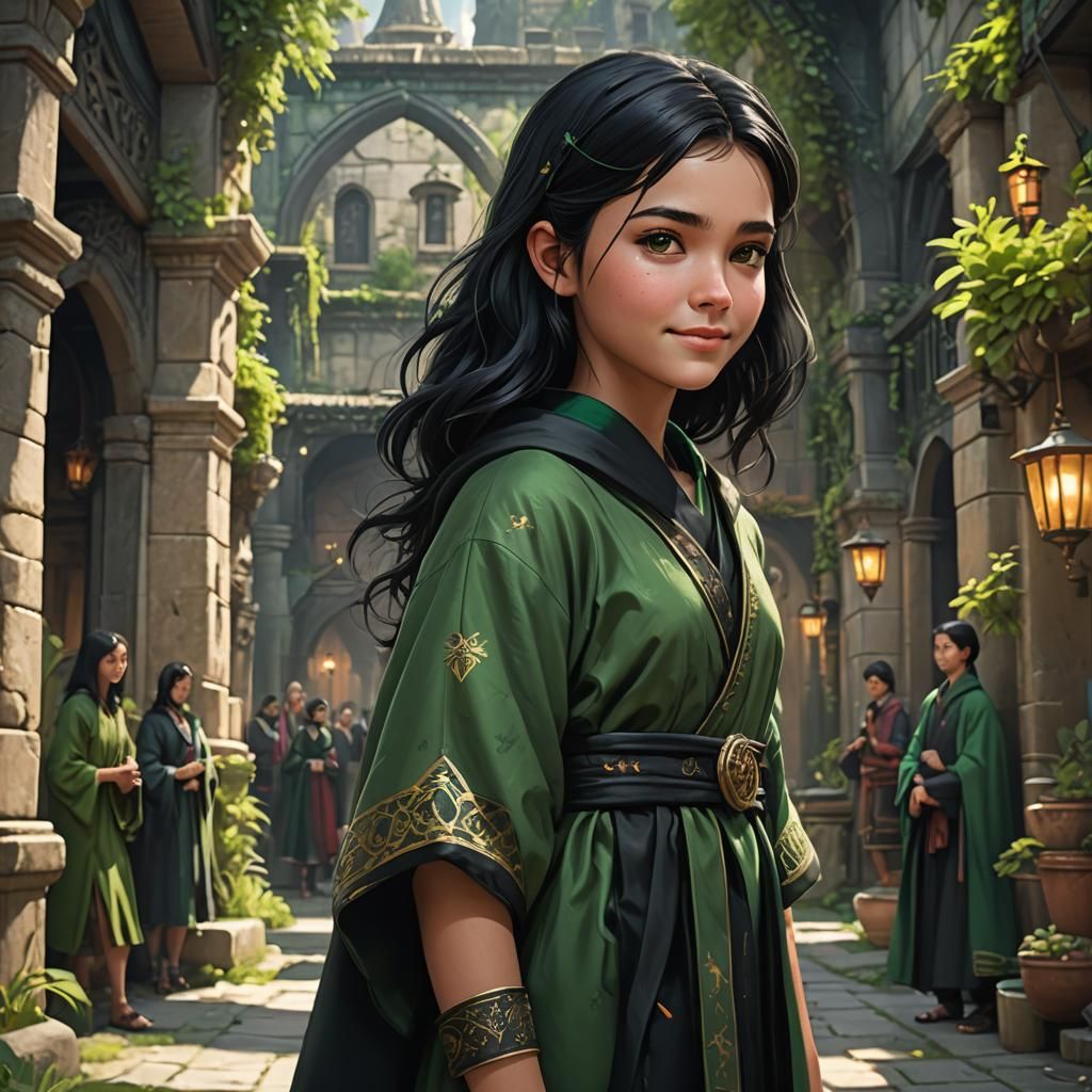 Young Girl in Robes with Shy Smile