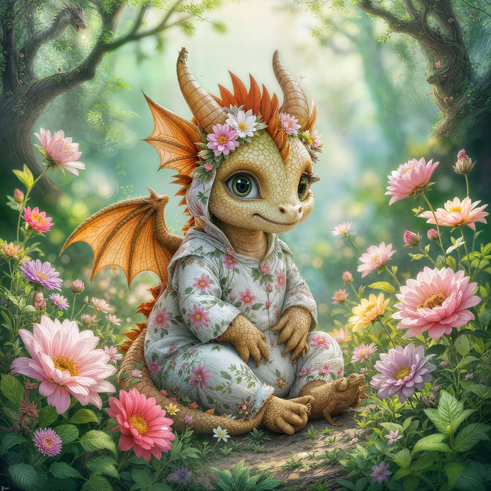 Baby Dragon Hides in Magical Forest Flowers