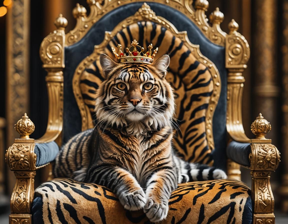 Tiger Striped Cat King on Royal Throne