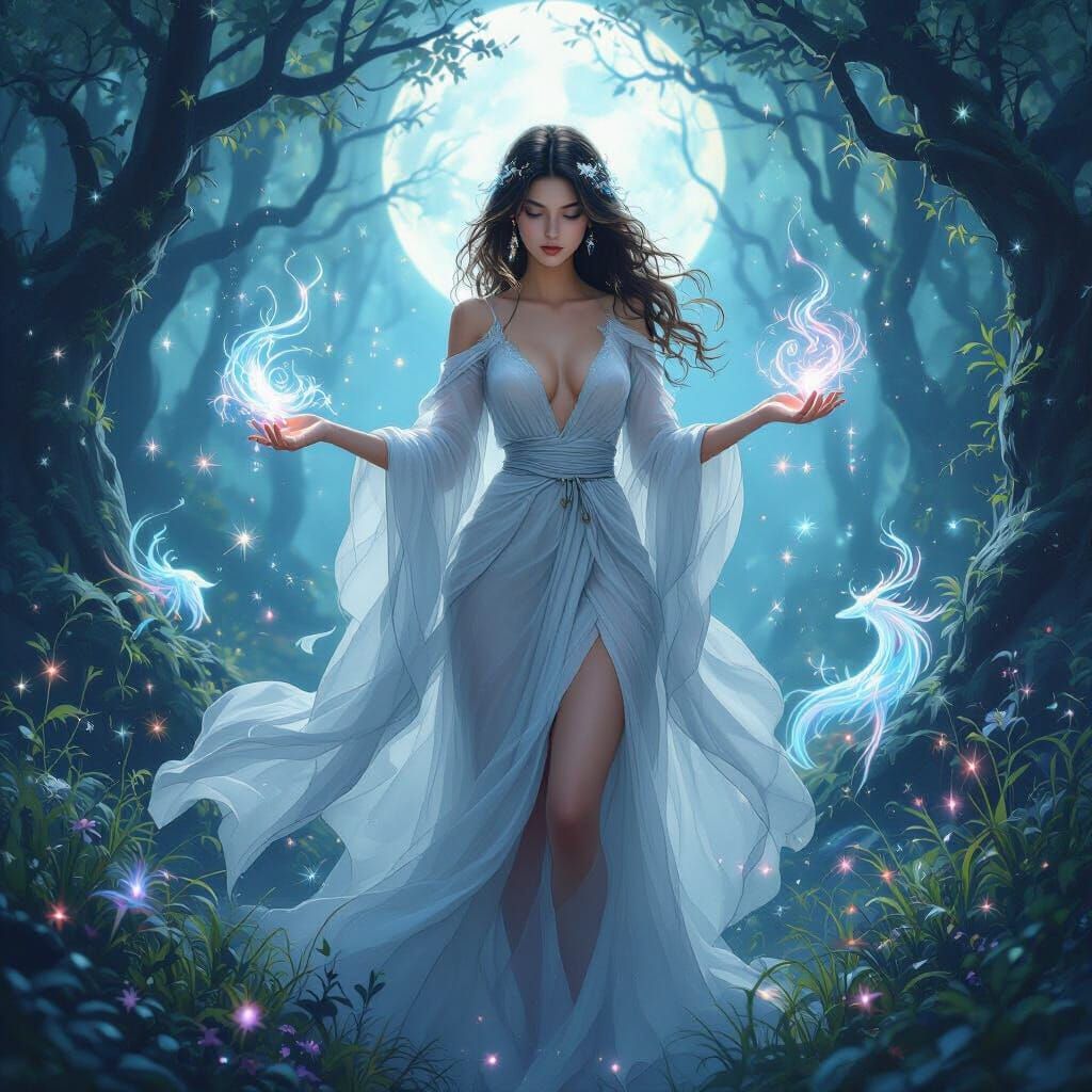 Ethereal Woman Surrounded by Magical Creatures